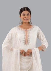 White Chanderi Embroidered Kurta Pant Set with Fancy Dupatta