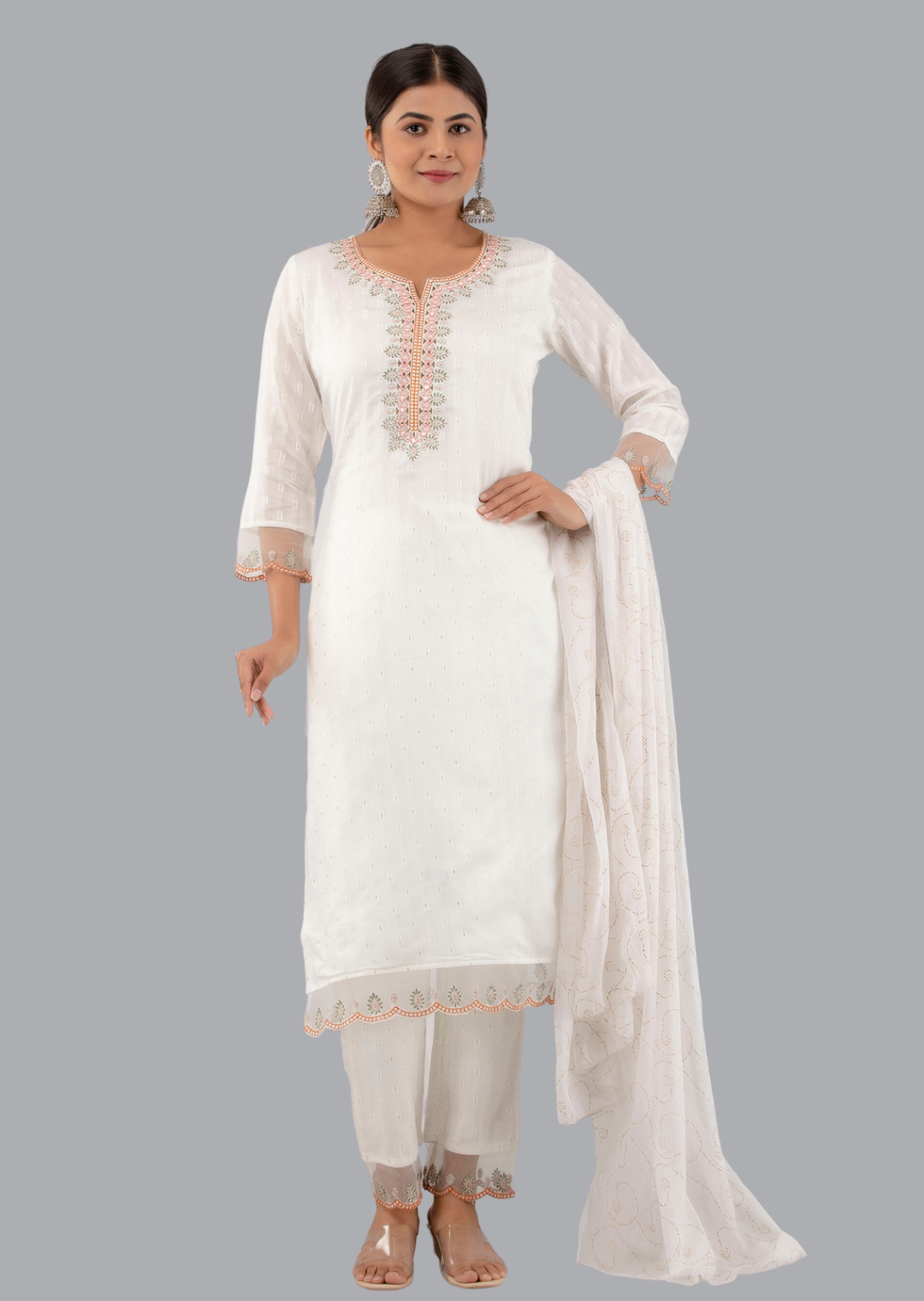White Chanderi Embroidered Kurta Pant Set with Fancy Dupatta