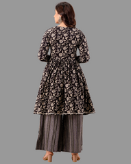 Black Floral Embroidered A-Line Kurta Palazzo Set