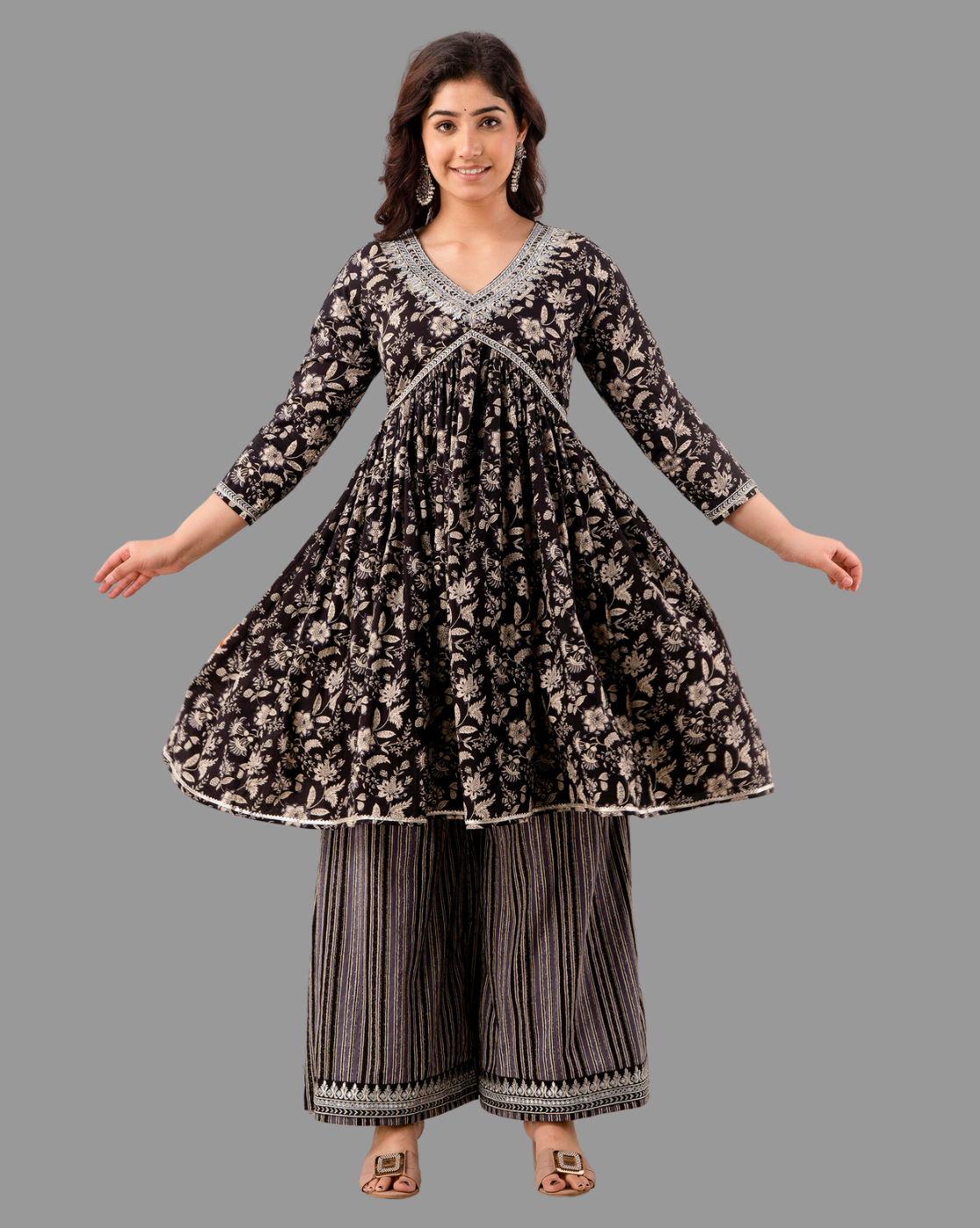 Black Floral Embroidered A-Line Kurta Palazzo Set