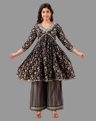Black Floral Embroidered A-Line Kurta Palazzo Set