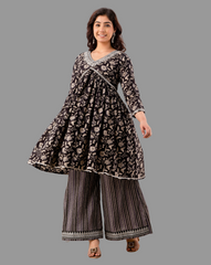 Black Floral Embroidered A-Line Kurta Palazzo Set
