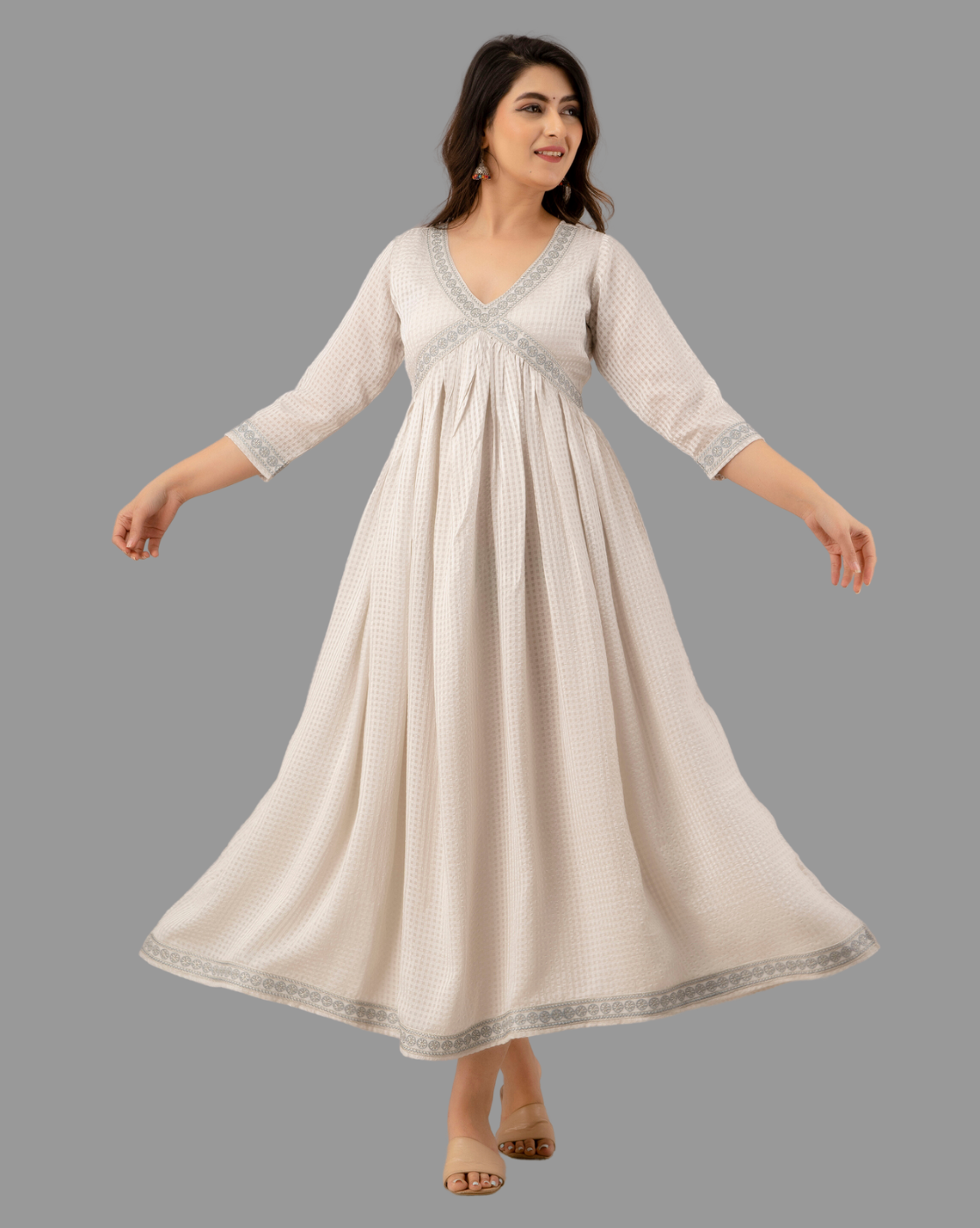 Viscose Flared Gown with Embroidered Detail & Dupatta
