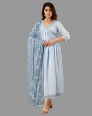 Viscose Flared Gown with Embroidered Detail & Dupatta