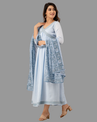 Viscose Flared Gown with Embroidered Detail & Dupatta