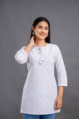White Paisley Printed Cotton Slub Top