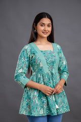 Flared Printed Cotton Top with Tassels