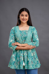 Flared Printed Cotton Top with Tassels