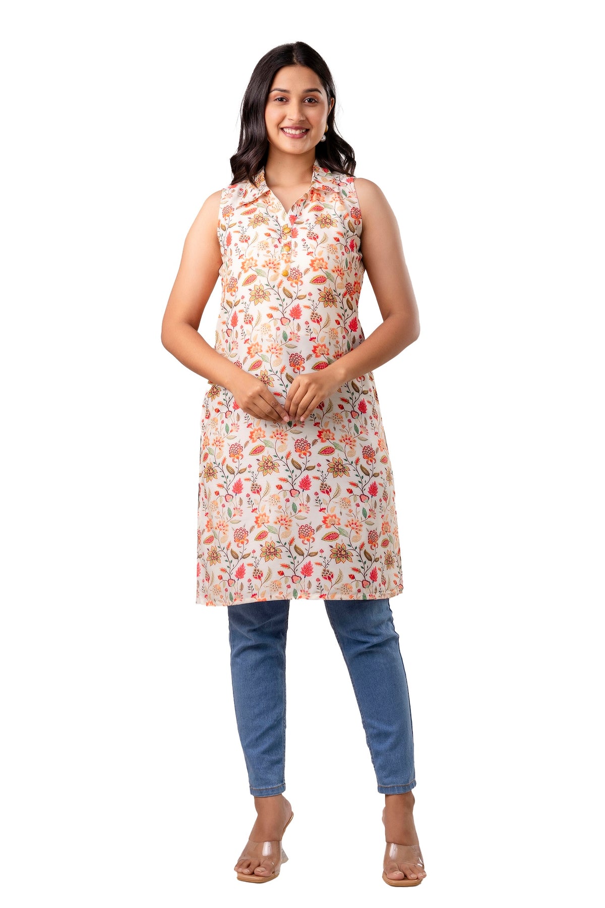 Off White Viscose Floral Printed Short Kurta
