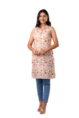 Off White Viscose Floral Printed Short Kurta
