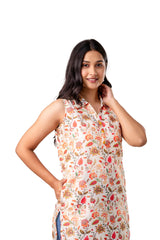 Off White Viscose Floral Printed Short Kurta
