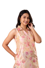 Pink Chanderi Floral Print Short Kurta with Embroidery