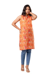 Orange Viscose Floral Printed Short Kurta
