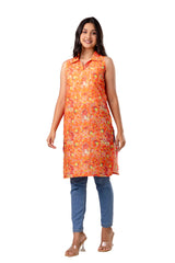 Orange Viscose Floral Printed Short Kurta