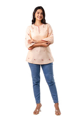 Light Peach Flared Rayon Top with Embroidery