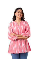 Pink Cotton Ikat Printed Gathered Top