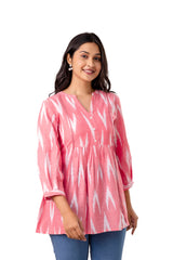Pink Cotton Ikat Printed Gathered Top