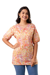Beige Floral Print Cotton Flared Top with Kantha Work