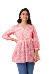 Floral Printed Schiffli Cotton Flared Top with Mirror Embellishments