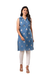Blue Self Weaved Jacquard Chanderi Short Kurta