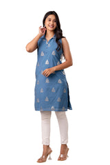 Blue Self Weaved Jacquard Chanderi Short Kurta