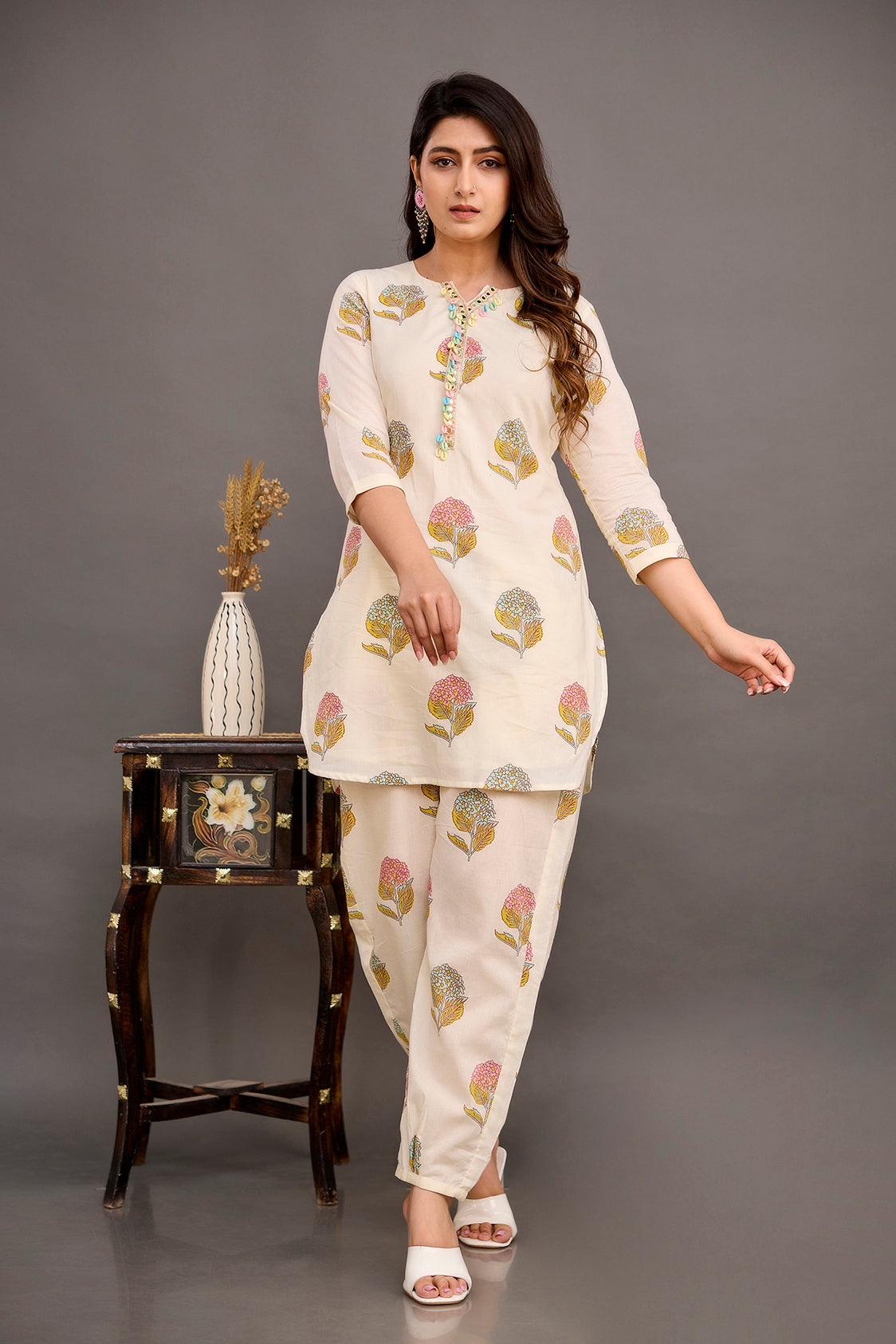 Off-White Procion Print Co-ord Set with Cowrie Lace Yoke
