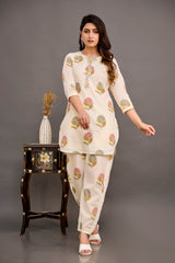 Off-White Procion Print Co-ord Set with Cowrie Lace Yoke