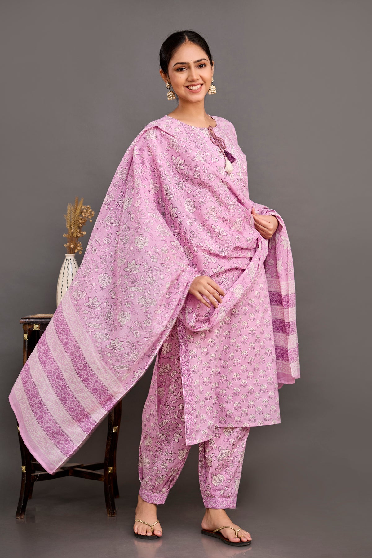 Lavender Procion Printed Kurta Set with Zari Embroidery & Dupatta