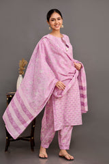 Lavender Procion Printed Kurta Set with Zari Embroidery & Dupatta