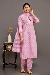 Lavender Procion Printed Kurta Set with Zari Embroidery & Dupatta