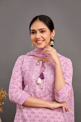 Lavender Procion Printed Kurta Set with Zari Embroidery & Dupatta