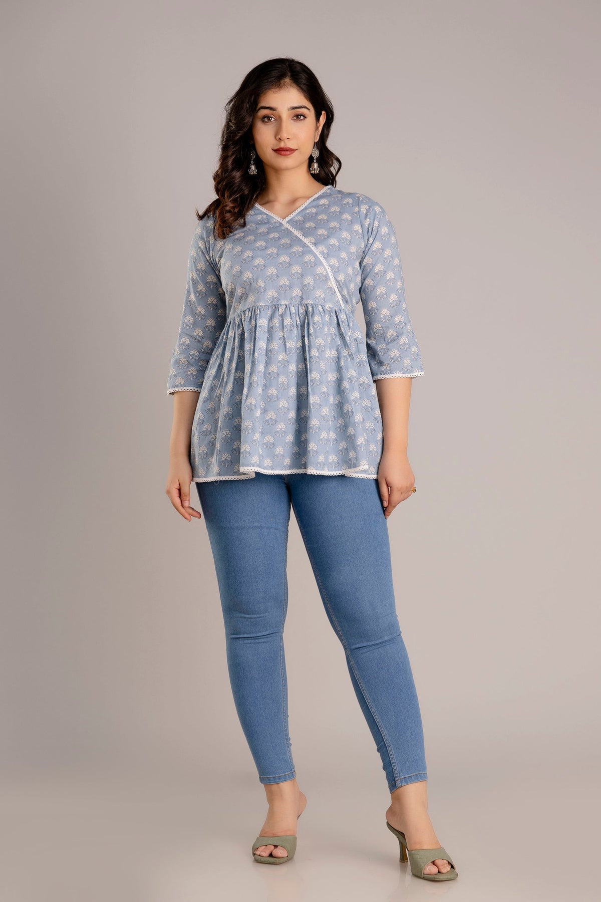 Procion Print V-Neck Cotton Top with Crochet Lace Detail