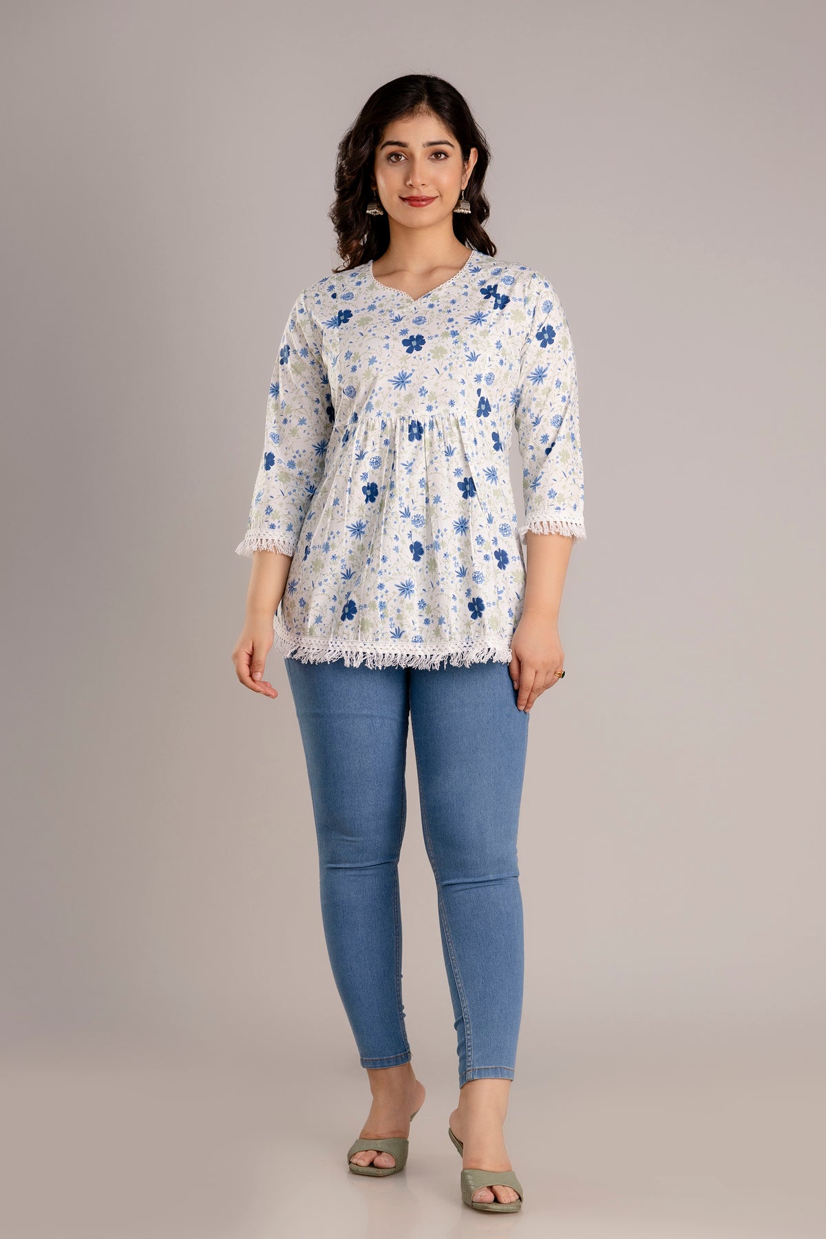 Cotton Floral Printed Top With Lace Detail