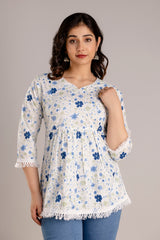 Cotton Floral Printed Top With Lace Detail