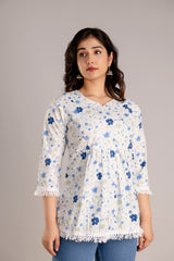 Cotton Floral Printed Top With Lace Detail