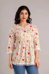 Paisley White Cotton Short Kurta