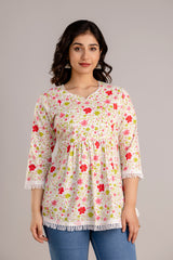 Paisley White Cotton Short Kurta