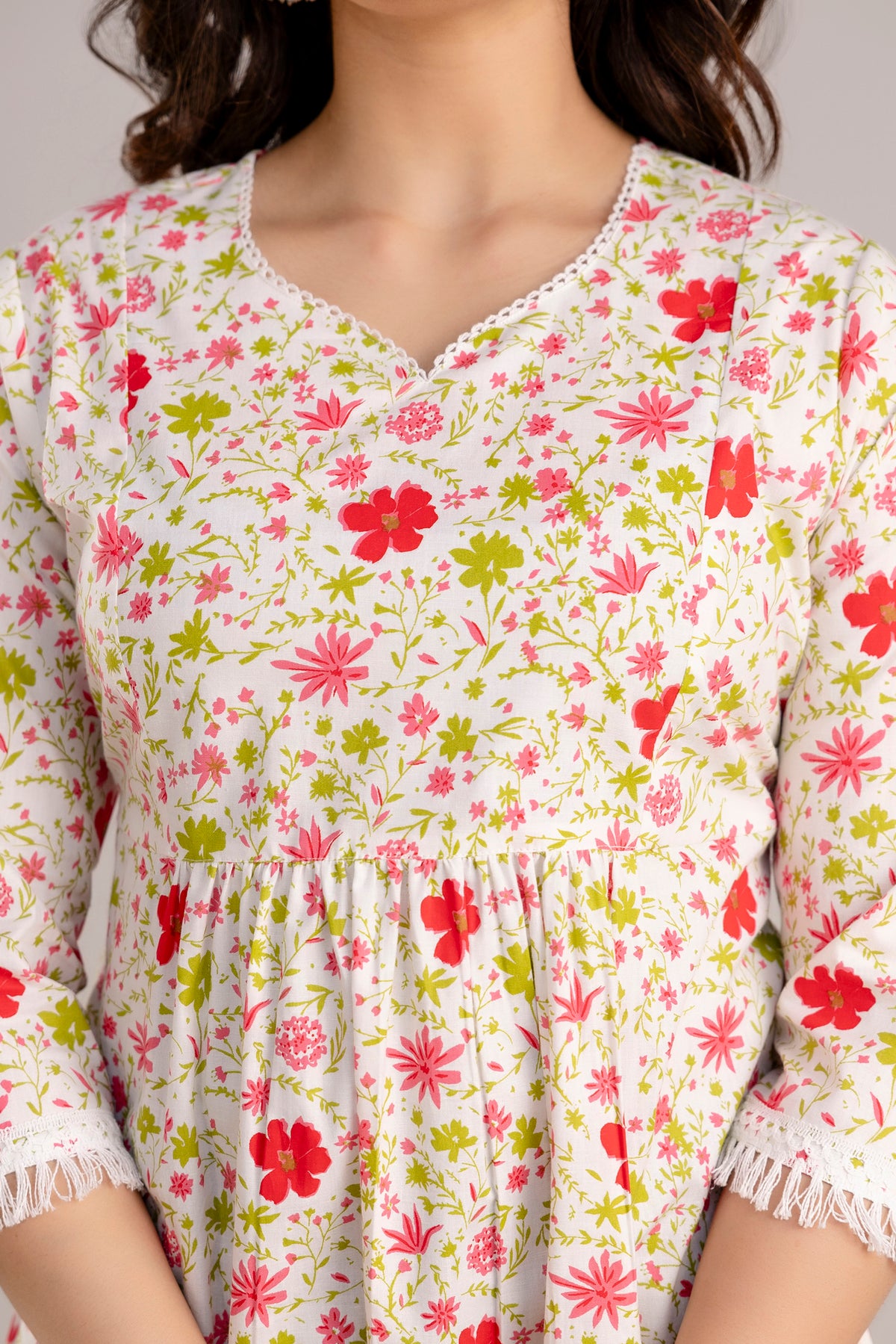 Printed Cotton Slub Kurta with Crochet Lace Details