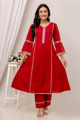 Cotton Embroidered A-Line 2Pc Kurta Set with Lace Details