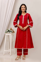 Cotton Embroidered A-Line 2Pc Kurta Set with Lace Details