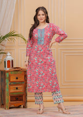 Floral Print Cotton 3Pc Kurta, Pant, and Dupatta Set