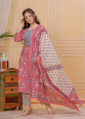 Floral Print Cotton 3Pc Kurta, Pant, and Dupatta Set