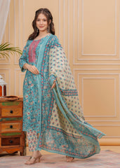 Floral Print Cotton 3Pc Kurta, Pant, and Dupatta Set