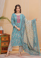 Floral Print Cotton 3Pc Kurta, Pant, and Dupatta Set