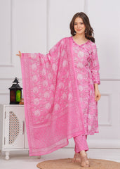 Pure Cotton Embroidered 3Pc Kurta, Pant, and Dupatta Set