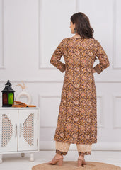 Coffee Brown Cotton Printed Embroidered 3Pc Kurta, Pant & Dupatta Set