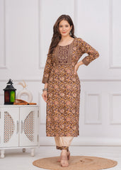 Coffee Brown Cotton Printed Embroidered 3Pc Kurta, Pant & Dupatta Set
