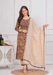 Coffee Brown Cotton Printed Embroidered 3Pc Kurta, Pant & Dupatta Set