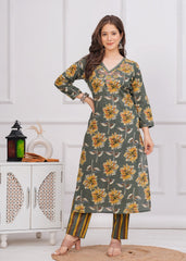 Bottle Green Floral Cotton 3Pc Embroidered Kurta, Pant & Dupatta Set