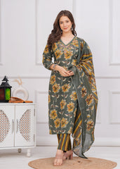 Bottle Green Floral Cotton 3Pc Embroidered Kurta, Pant & Dupatta Set